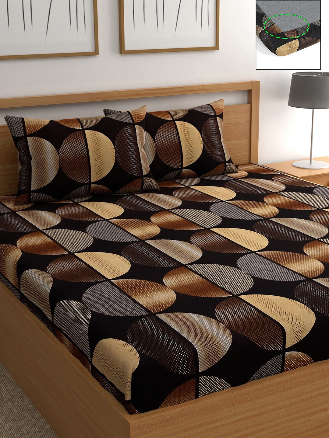 

CHHAVI INDIA Black & Brown Geometric 210 TC Queen Bedsheet with 2 Pillow Covers