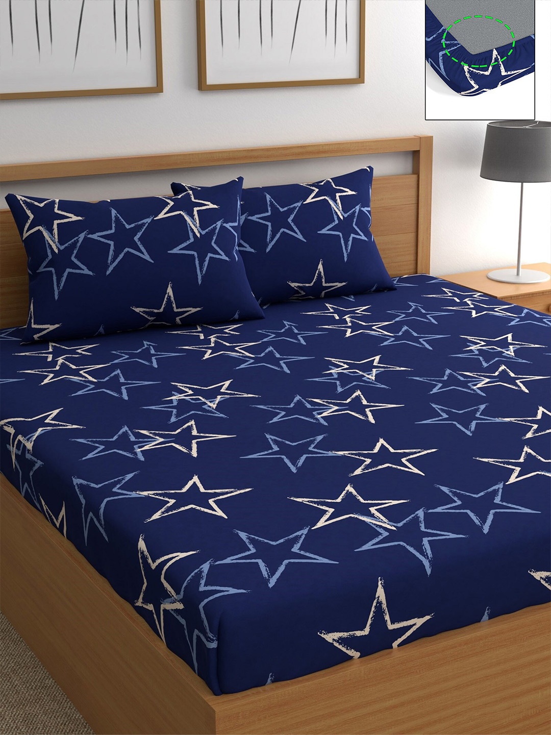 

CHHAVI INDIA Blue & White Geometric 210 TC Queen Bedsheet with 2 Pillow Covers