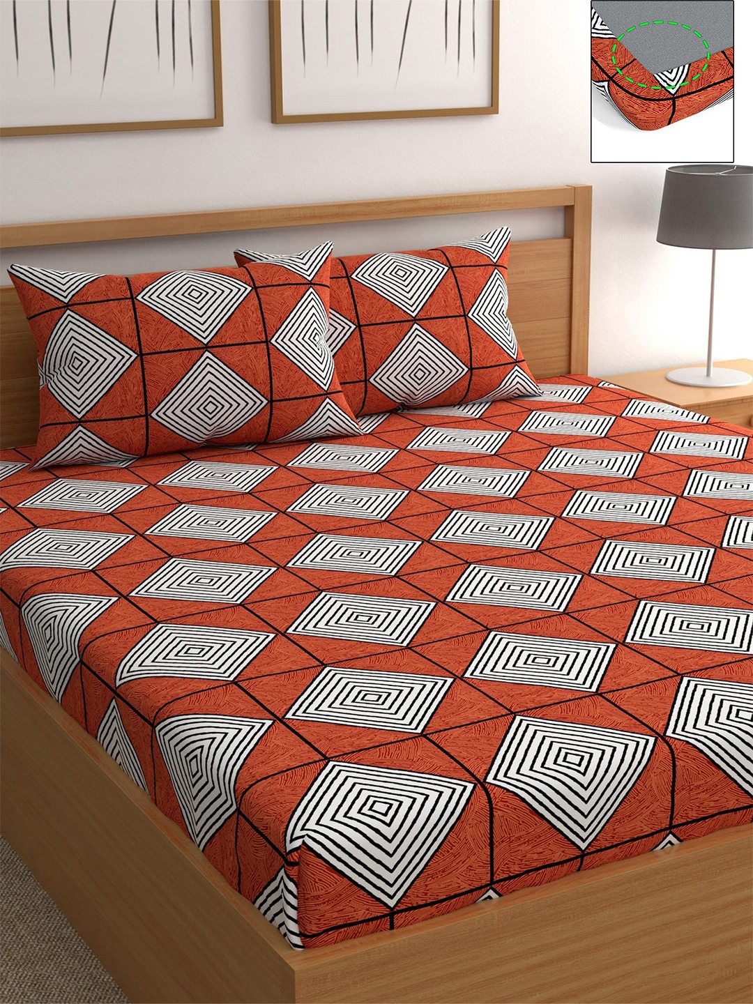 

CHHAVI INDIA Orange & White Geometric 210 TC Queen Bedsheet with 2 Pillow Covers