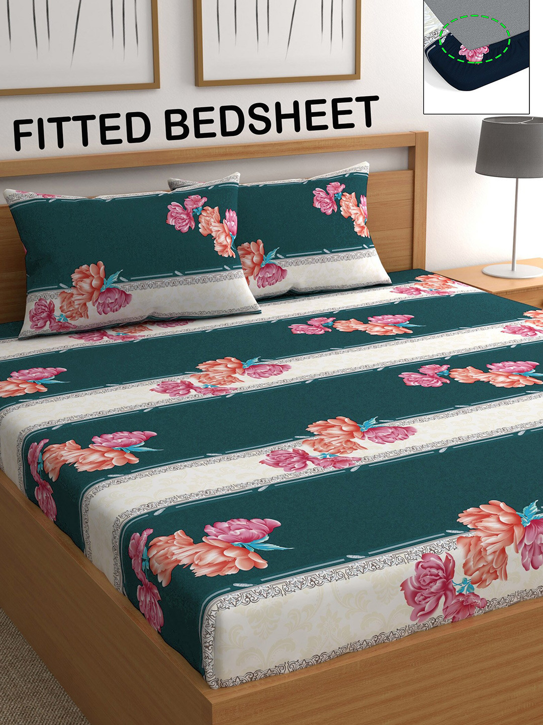

CHHAVI INDIA Teal & Off White Floral Printed 210 TC Queen Bedsheet with 2 Pillow Covers