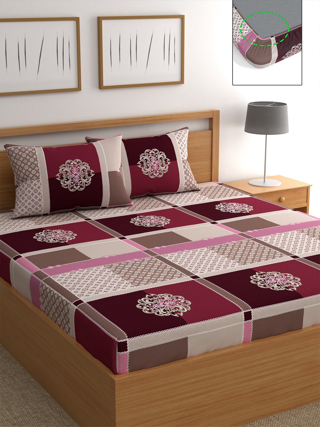 

CHHAVI INDIA Maroon & Off White Ethnic Motifs 210 TC Queen Bedsheet with 2 Pillow Covers