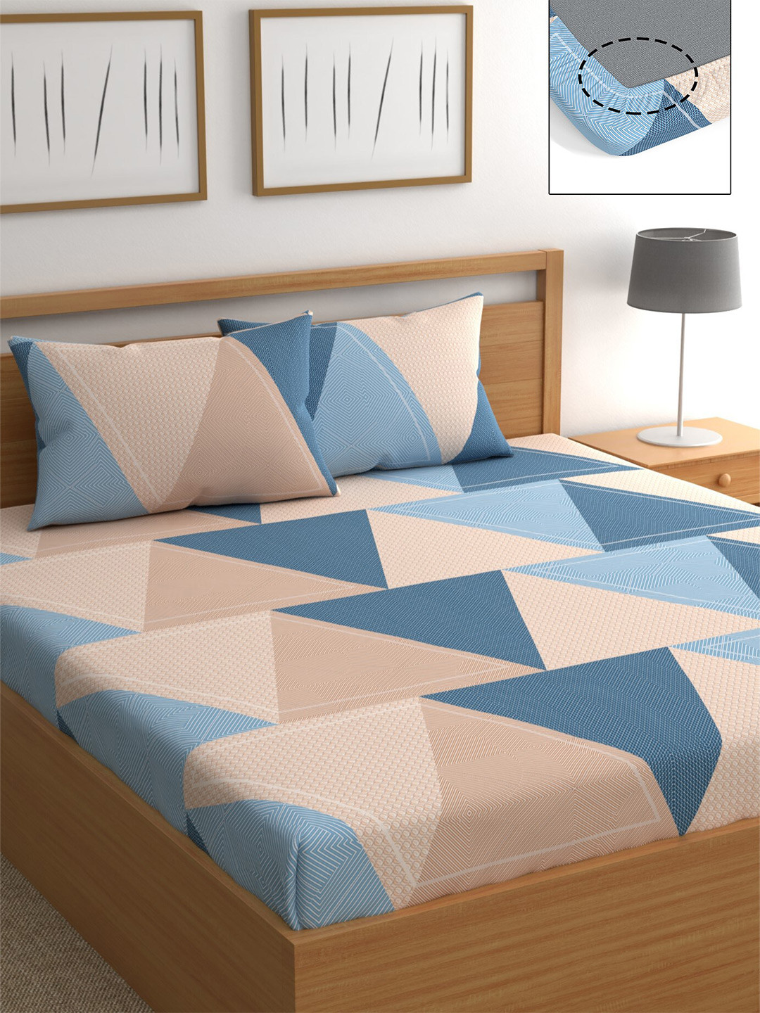

CHHAVI INDIA Blue & Beige Geometric 210 TC Queen Bedsheet with 2 Pillow Covers