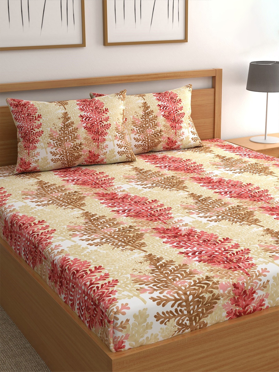 

CHHAVI INDIA White & Beige Floral 210 TC Queen Bedsheet with 2 Pillow Covers