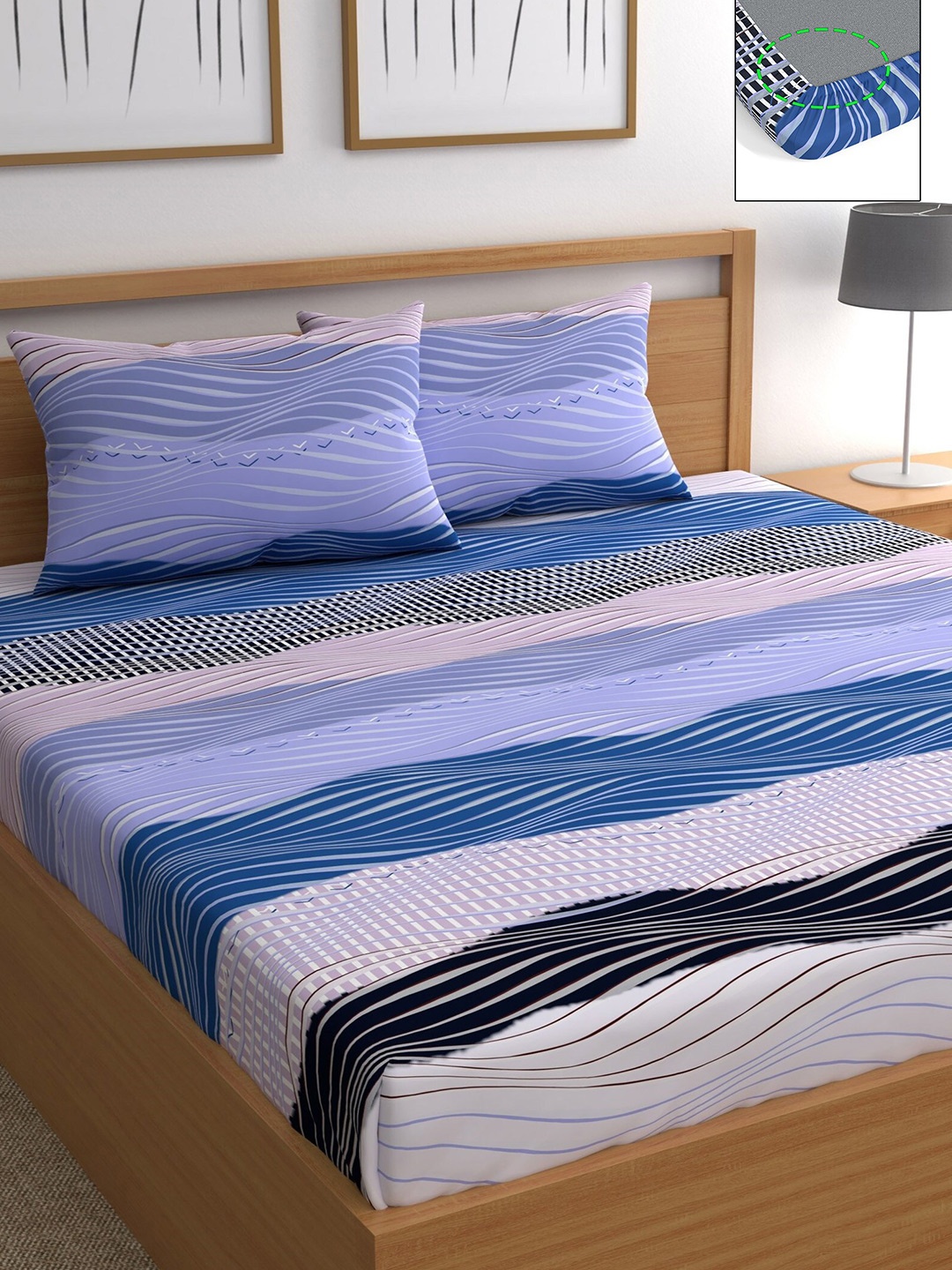 

CHHAVI INDIA Blue & White Geometric 210 TC Queen Bedsheet with 2 Pillow Covers