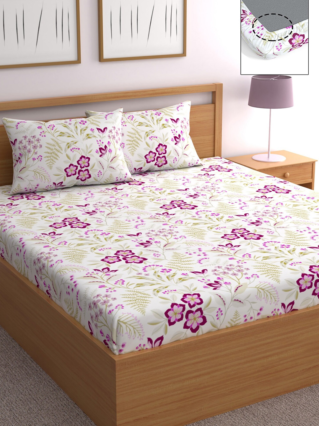 

CHHAVI INDIA White & Pink Floral 210 TC Queen Bedsheet with 2 Pillow Covers