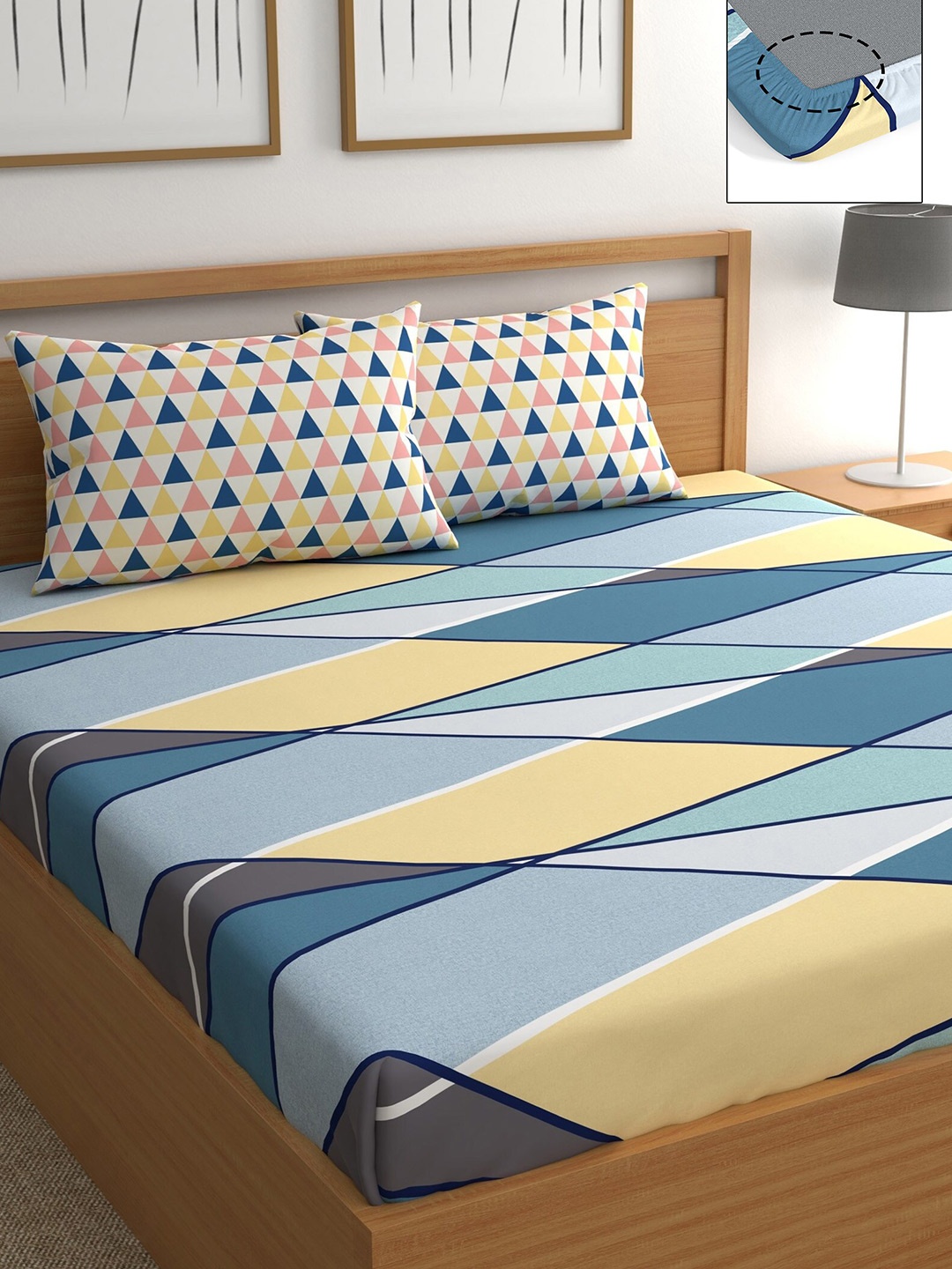 

CHHAVI INDIA Yellow & Blue Geometric 210 TC Queen Bedsheet with 2 Pillow Covers