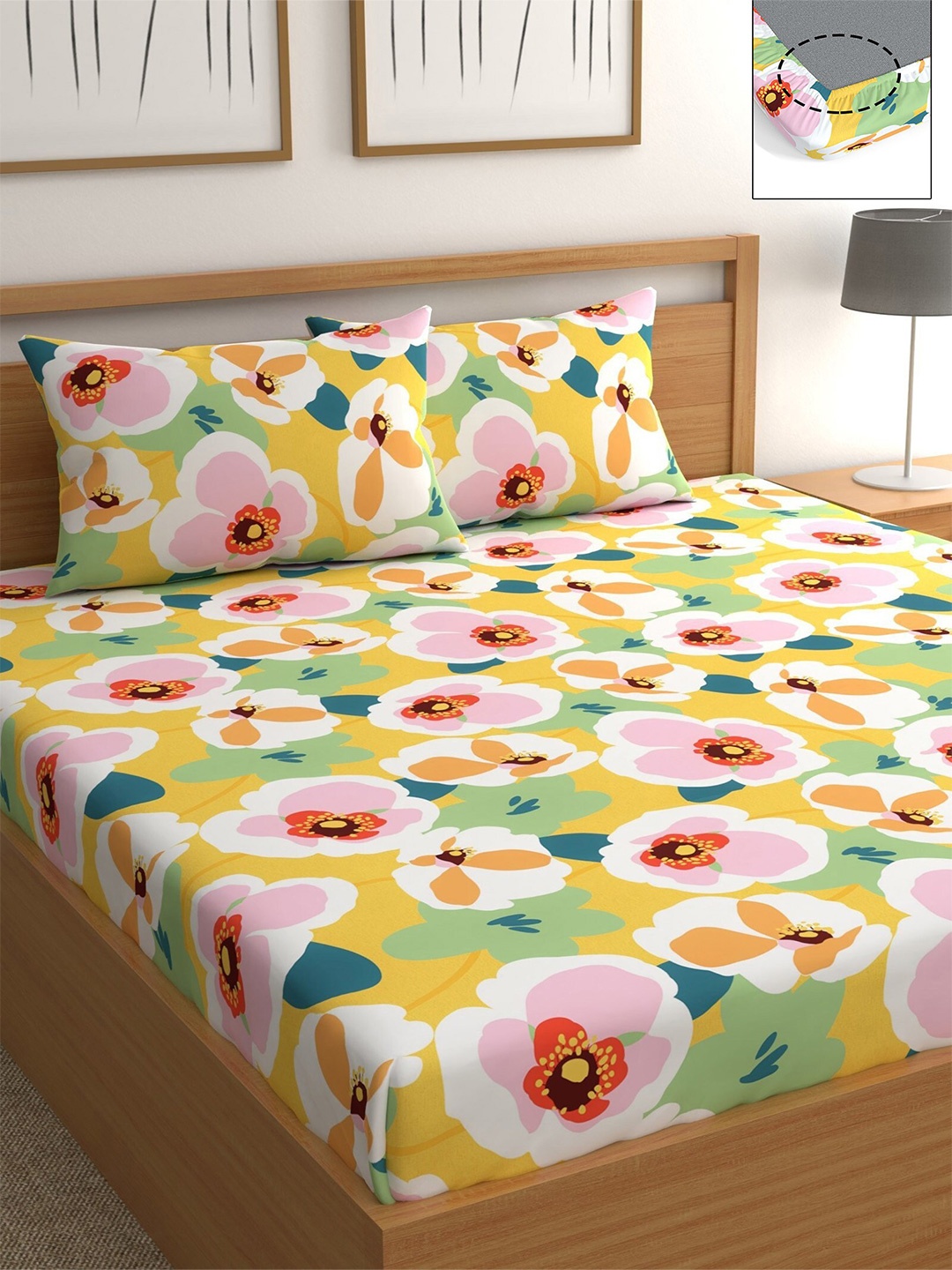 

CHHAVI INDIA Yellow & Pink Floral 210 TC Queen Bedsheet with 2 Pillow Covers