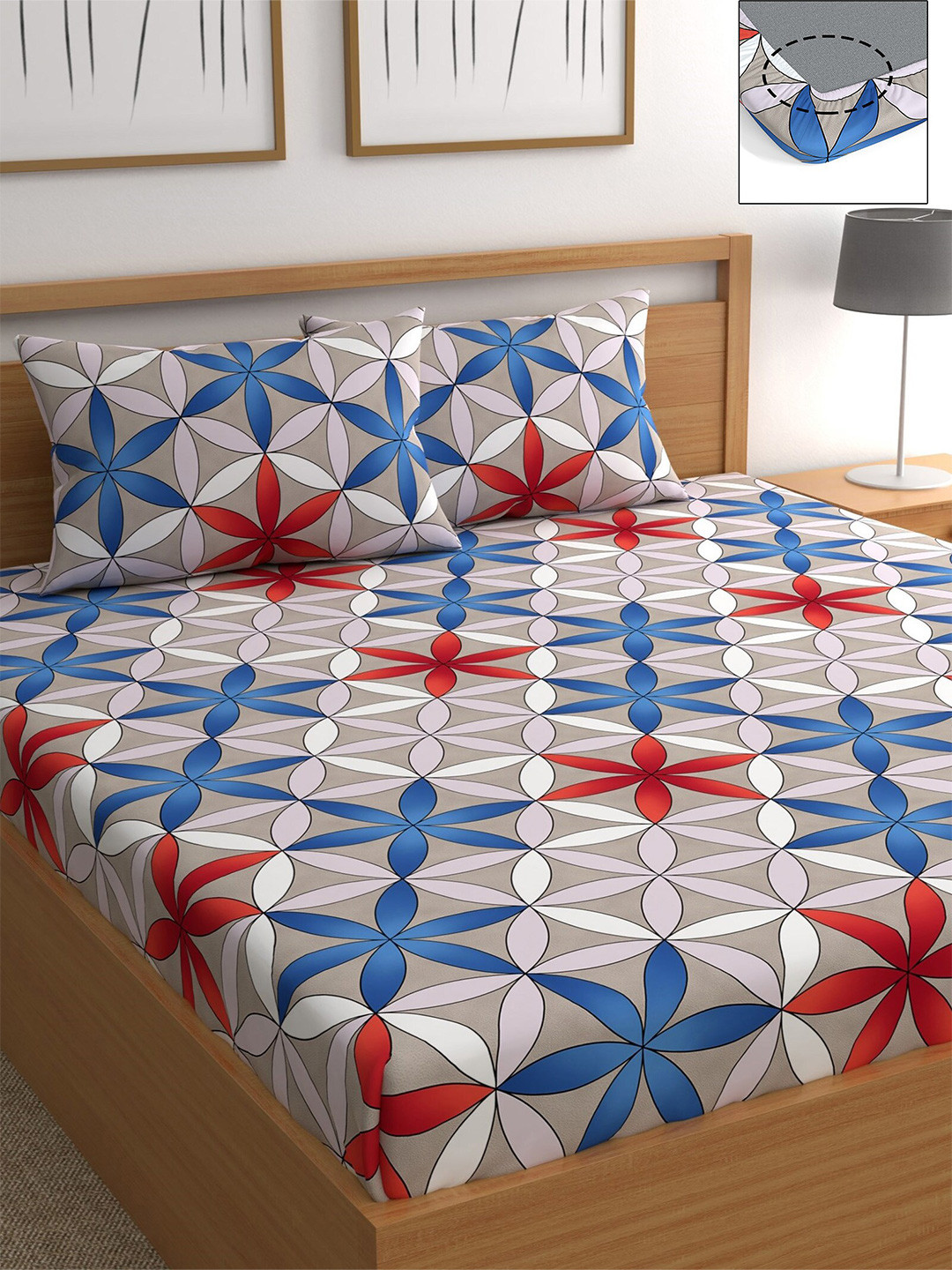 

CHHAVI INDIA Blue & Grey Geometric 210 TC Queen Bedsheet with 2 Pillow Covers