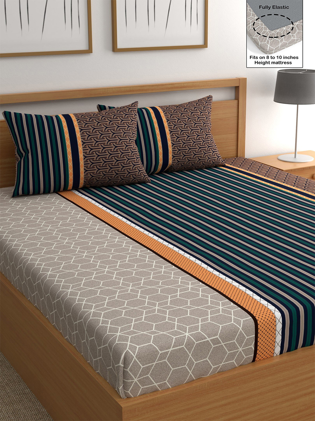 

CHHAVI INDIA Brown & Blue Striped 210 TC Queen Bedsheet with 2 Pillow Covers
