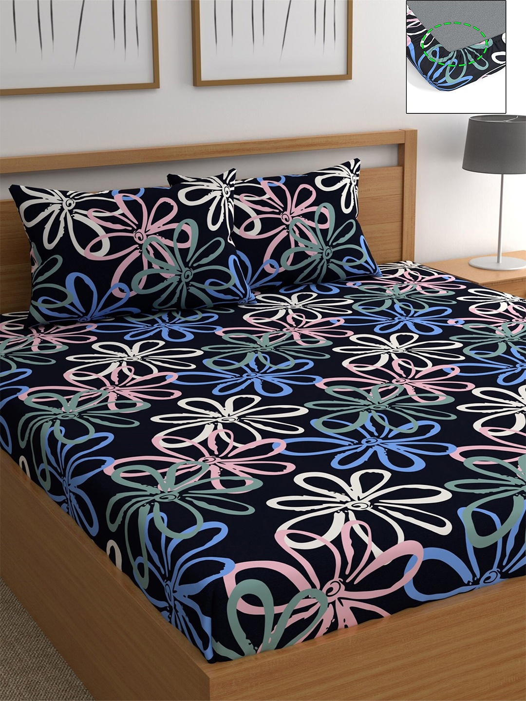 

CHHAVI INDIA Blue & Pink Floral Printed 210 TC Queen Bedsheet with 2 Pillow Covers