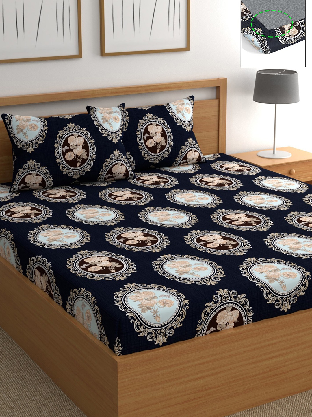 

CHHAVI INDIA Navy Blue & Cream-Coloured Floral 210 TC Queen Bedsheet with 2 Pillow Covers