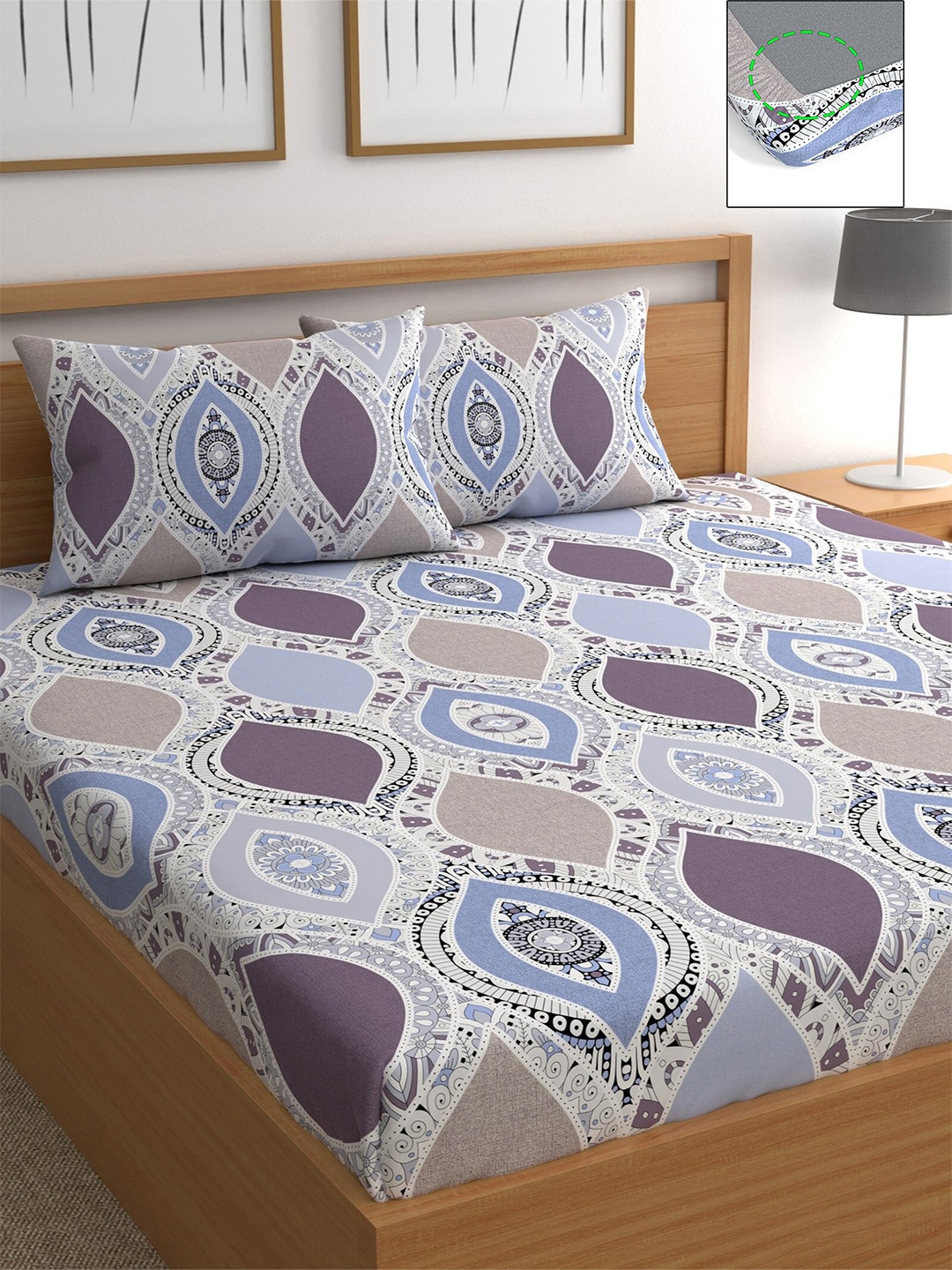 

CHHAVI INDIA Purple & White 210 TC Queen Bedsheet with 2 Pillow Covers