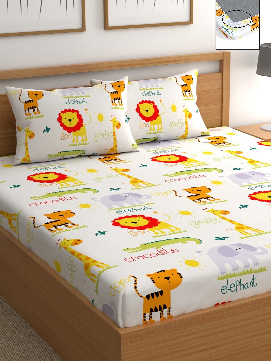 

CHHAVI INDIA White & Orange Graphic 210 TC Queen Bedsheet with 2 Pillow Covers