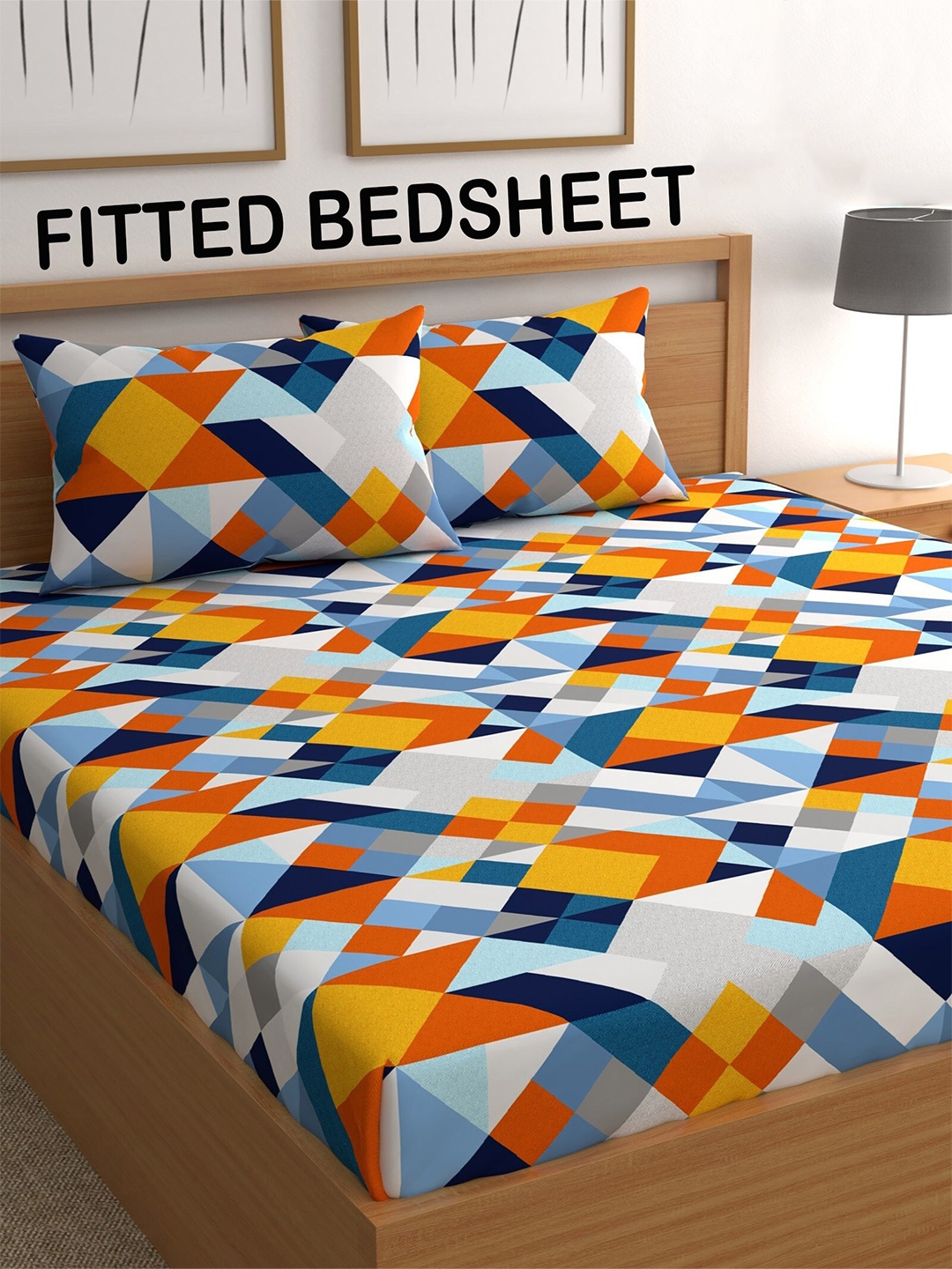 

CHHAVI INDIA Mustard & Orange Geometric 210 TC Queen Bedsheet with 2 Pillow Covers