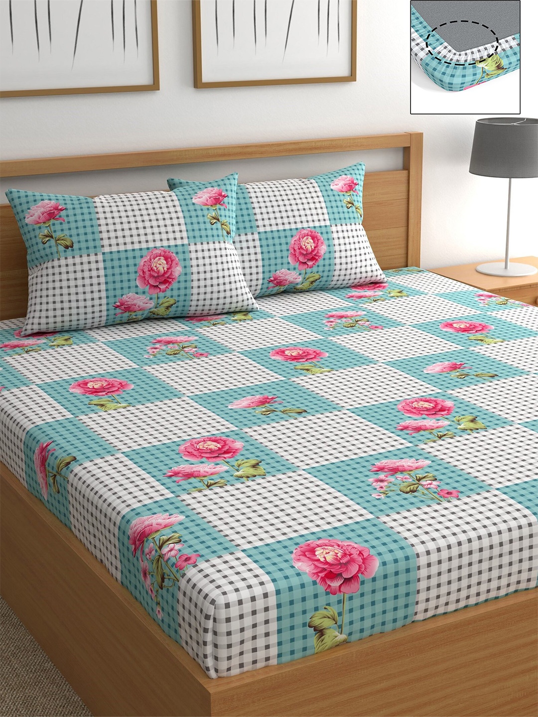 

CHHAVI INDIA Blue & Pink Floral 210 TC Queen Bedsheet with 2 Pillow Covers