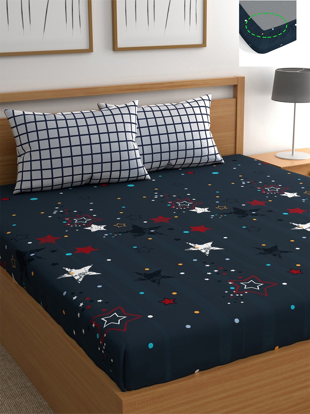 

CHHAVI INDIA Blue & Red Conversational 210 TC Queen Bedsheet with 2 Pillow Covers