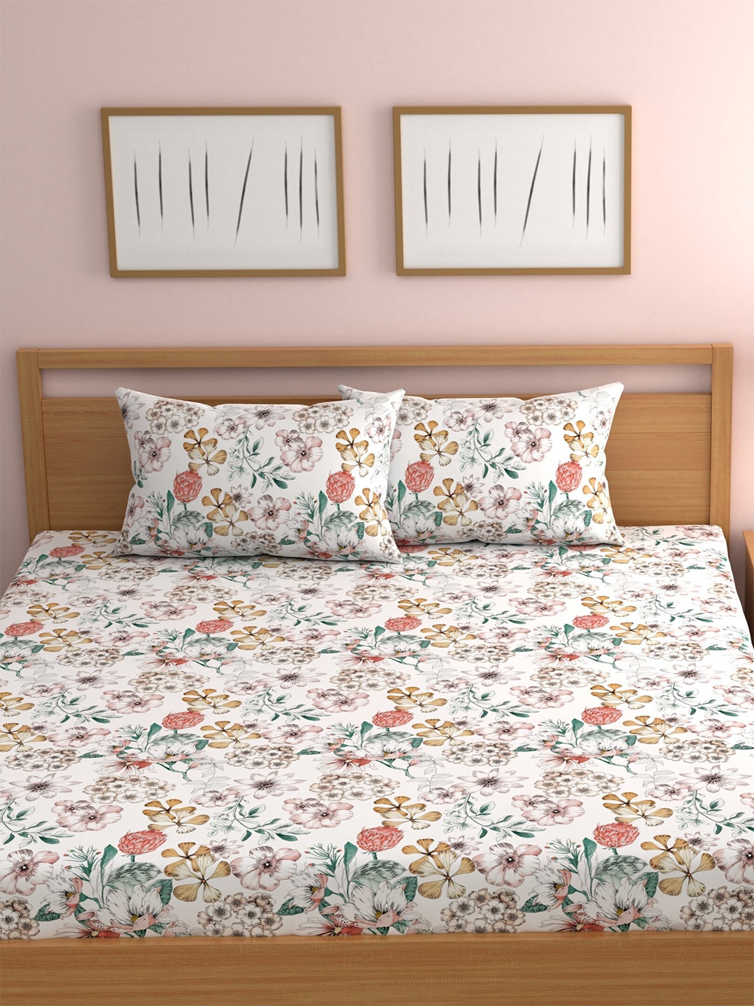 

CHHAVI INDIA White & Pink Floral 210 TC Queen Bedsheet with 2 Pillow Covers