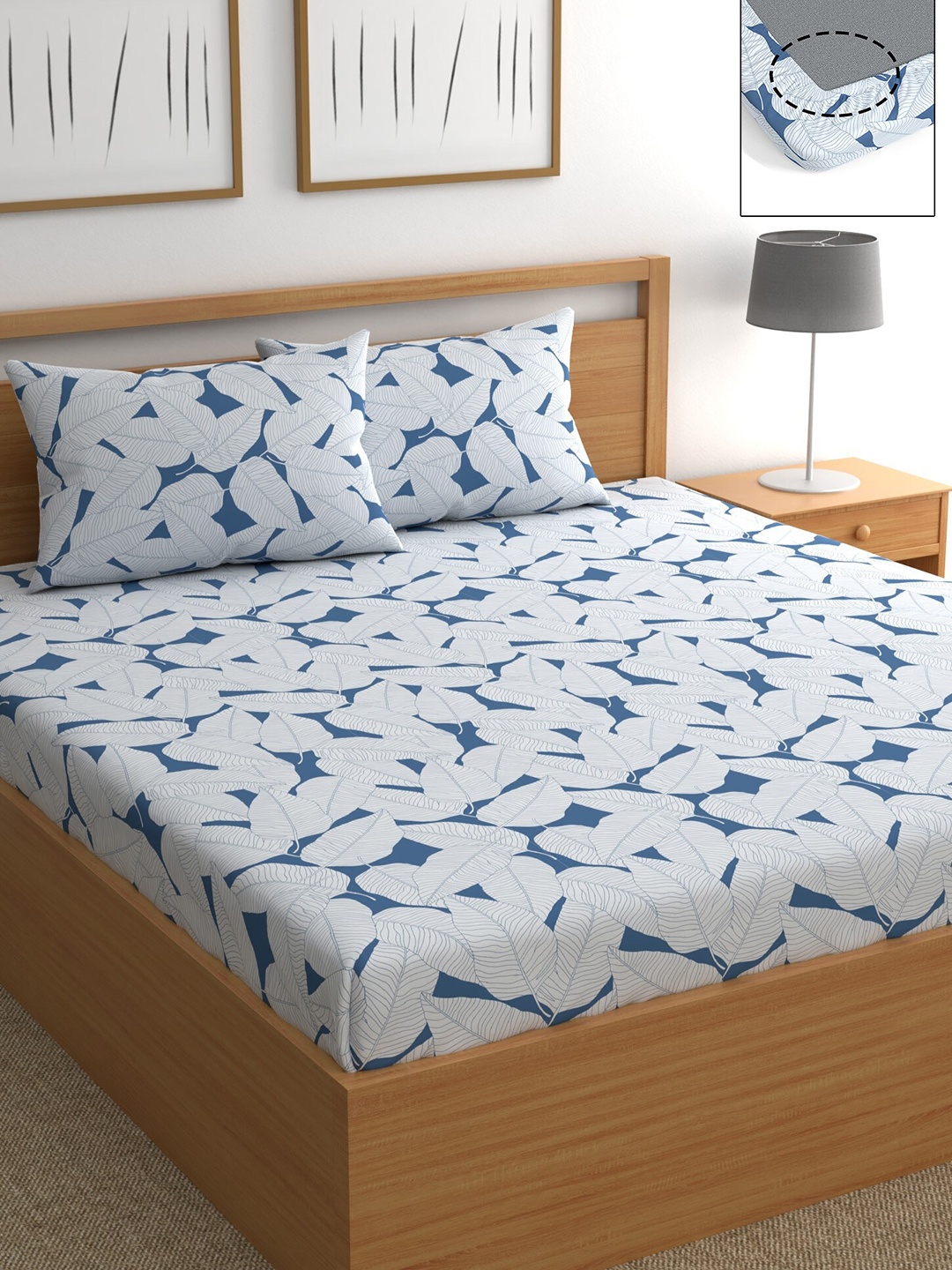 

CHHAVI INDIA Blue & White Floral 210 TC Queen Bedsheet with 2 Pillow Covers