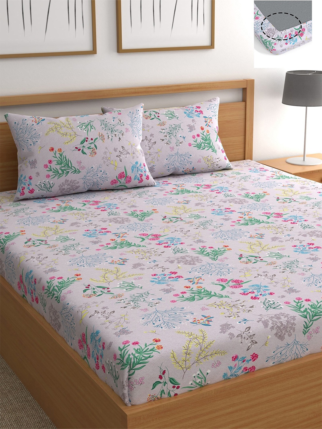 

CHHAVI INDIA Purple & Green Floral 210 TC Queen Bedsheet with 2 Pillow Covers