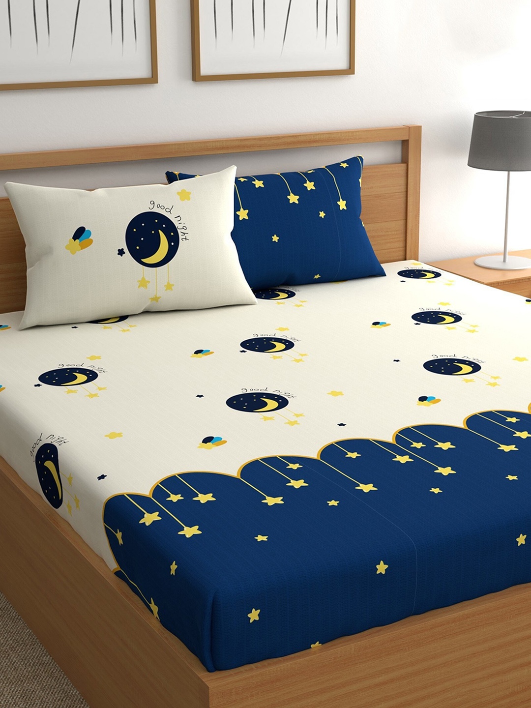 

CHHAVI INDIA White & Blue Graphic 210 TC Queen Bedsheet with 2 Pillow Covers