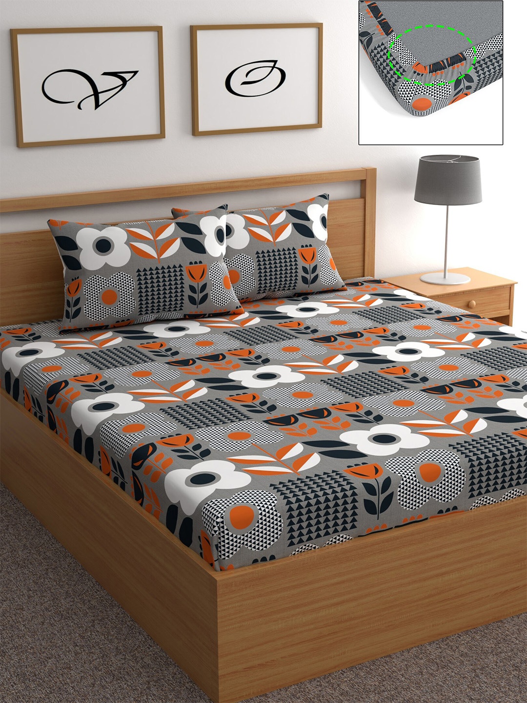 

CHHAVI INDIA 210 TC Grey & White Geometric Queen Bedsheet with 2 Pillow Covers