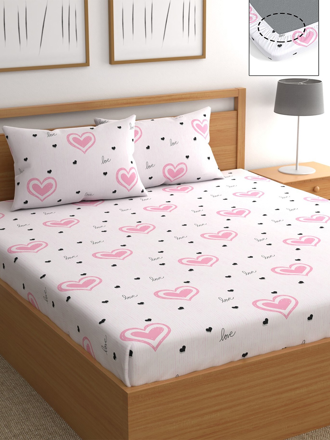 

CHHAVI INDIA White & Pink Printed 210 TC Queen Bedsheet with 2 Pillow Covers