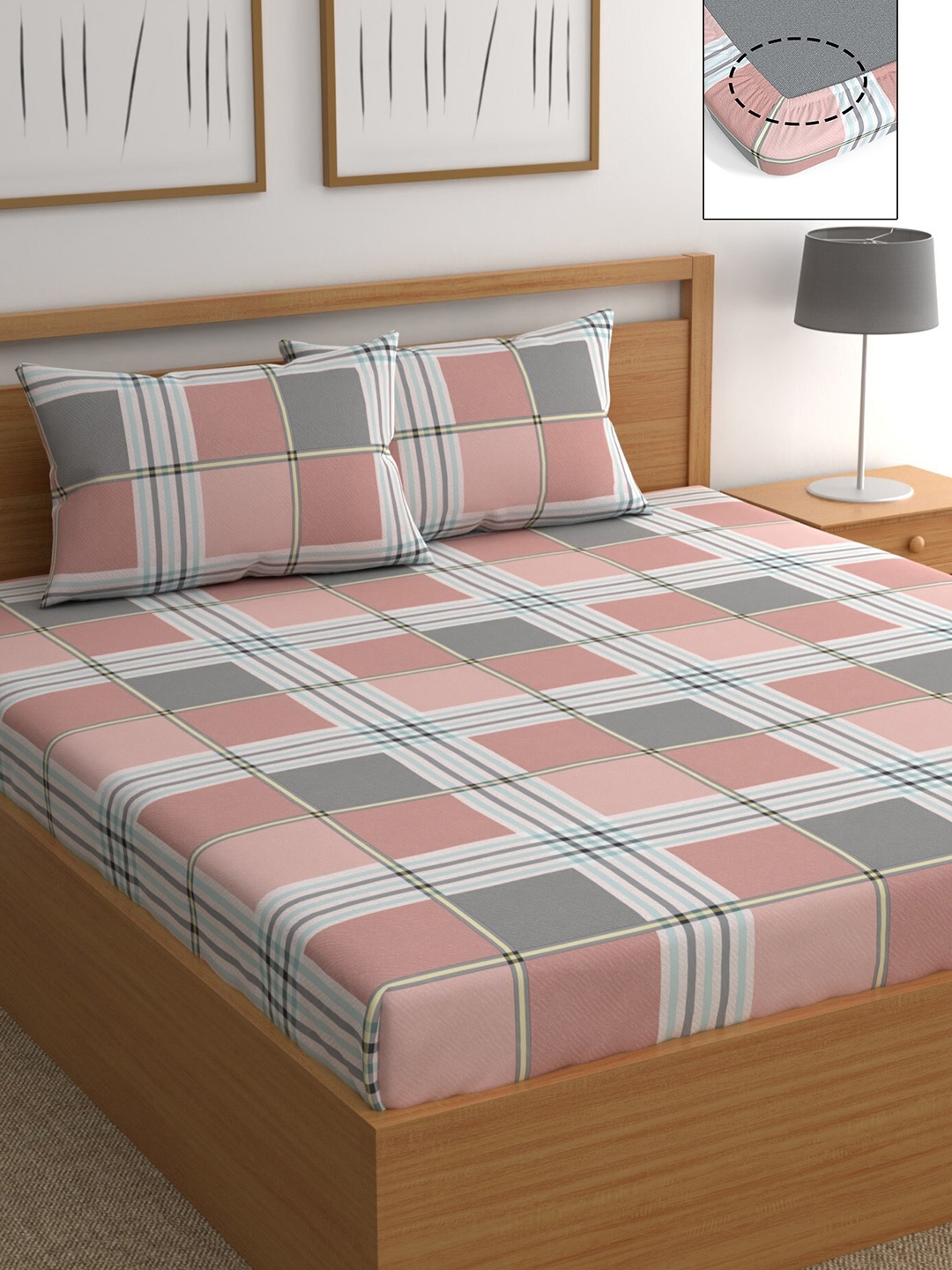 

CHHAVI INDIA Pink & Grey Geometric 210 TC Fitted Queen Bedsheet with 2 Pillow Covers