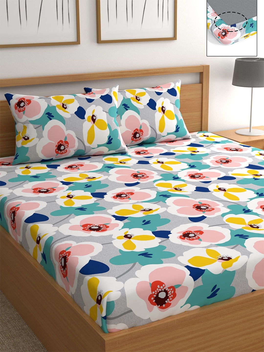 

CHHAVI INDIA Blue & Yellow Floral 210 TC Queen Bedsheet with 2 Pillow Covers