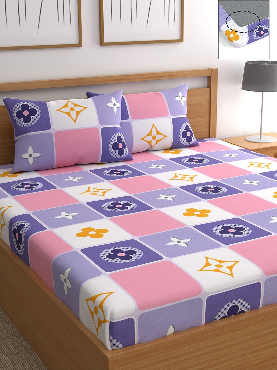 

CHHAVI INDIA Pink & Purple Geometric 210 TC Queen Bedsheet with 2 Pillow Covers