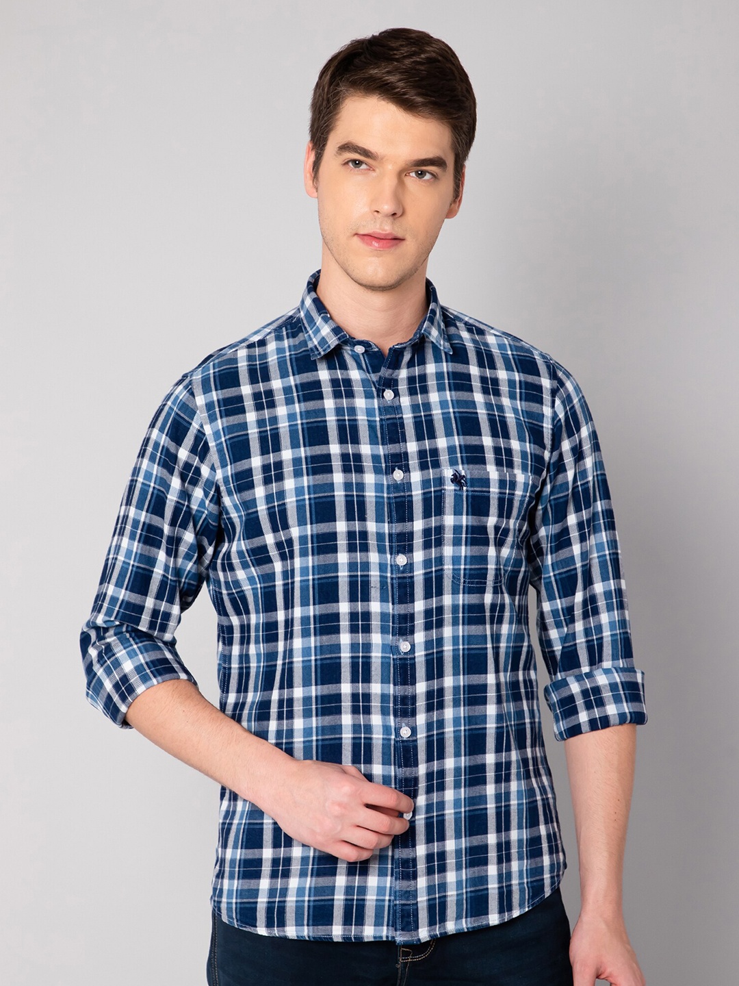 

Cantabil Men Navy Blue Tartan Checked Cotton Casual Shirt