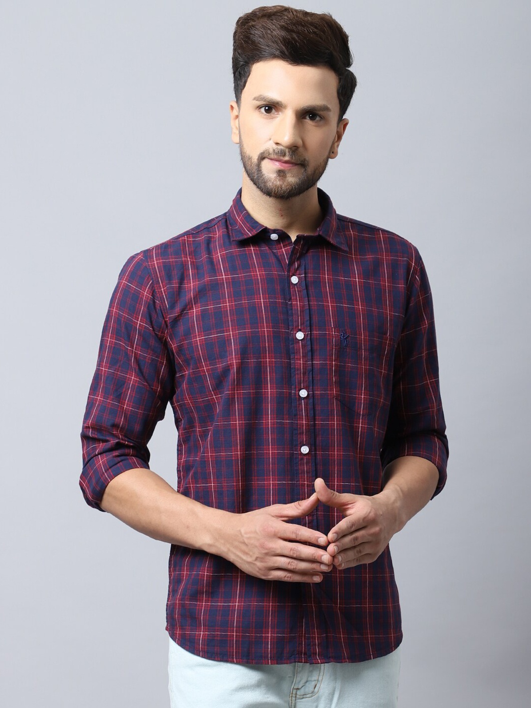 

Cantabil Men Navy Blue & Red Tartan Checks Cotton Casual Shirt