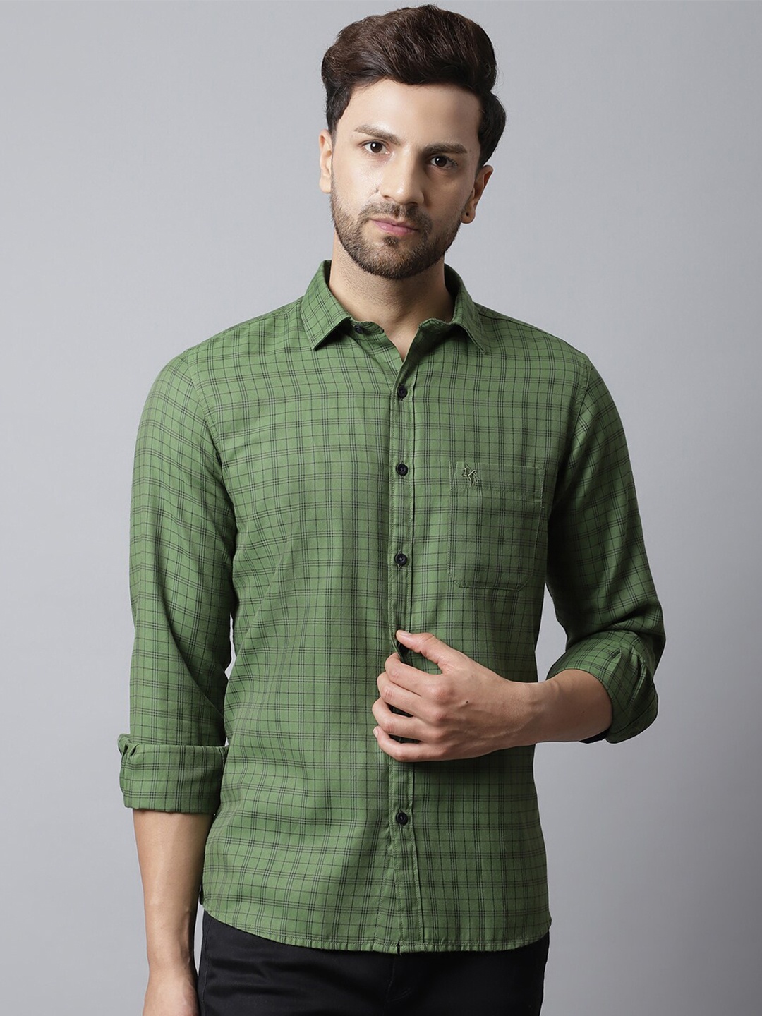 

Cantabil Men Green Checked Spread Collar Full Sleeves Cotton Casual Shirt
