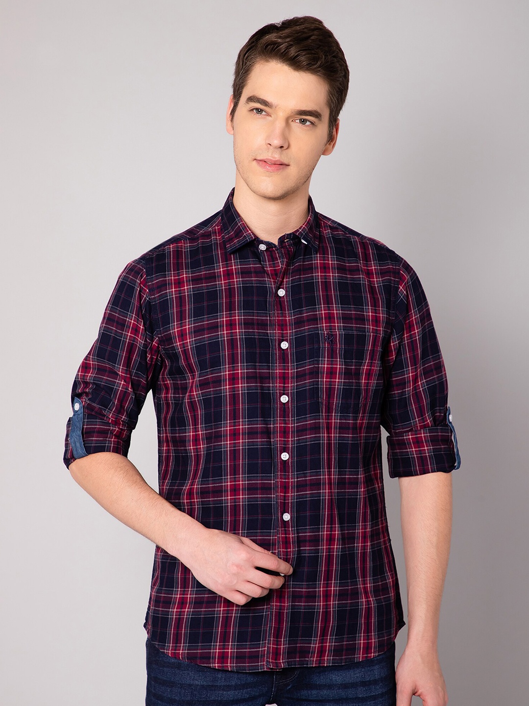 

Cantabil Men Red & Navy Blue Tartan Checked Cotton Casual Shirt