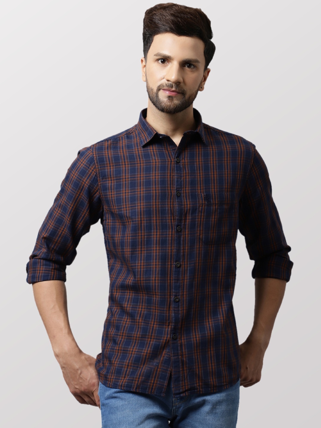 

Cantabil Men Mustard Checked Cotton Casual Shirt