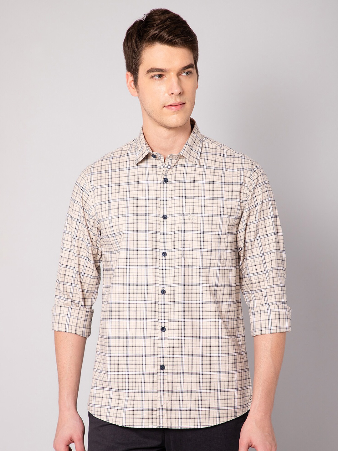 

Cantabil Men Beige Tartan Checks Casual Cotton Shirt