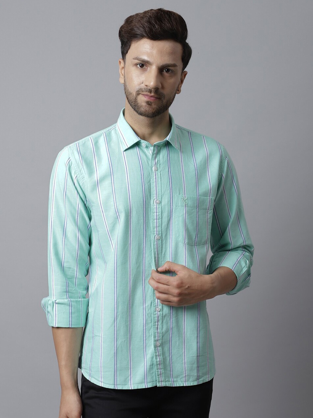 

Cantabil Men Green Striped Casual Shirt