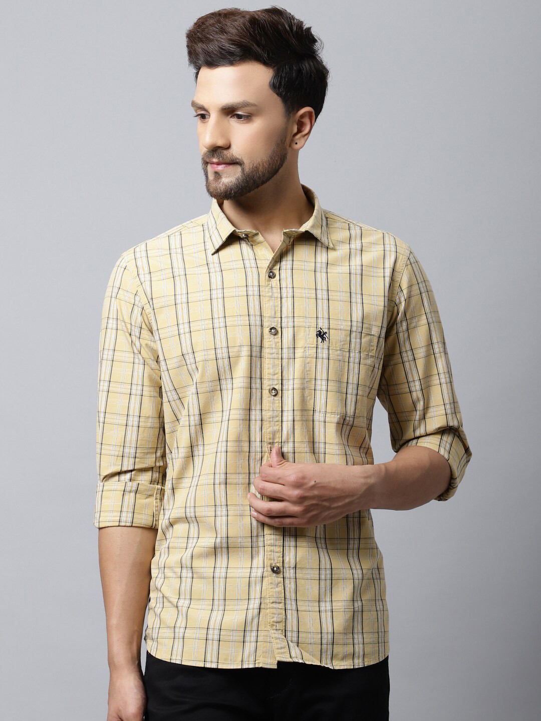 

Cantabil Men Yellow Tartan Checks Checked Casual Shirt
