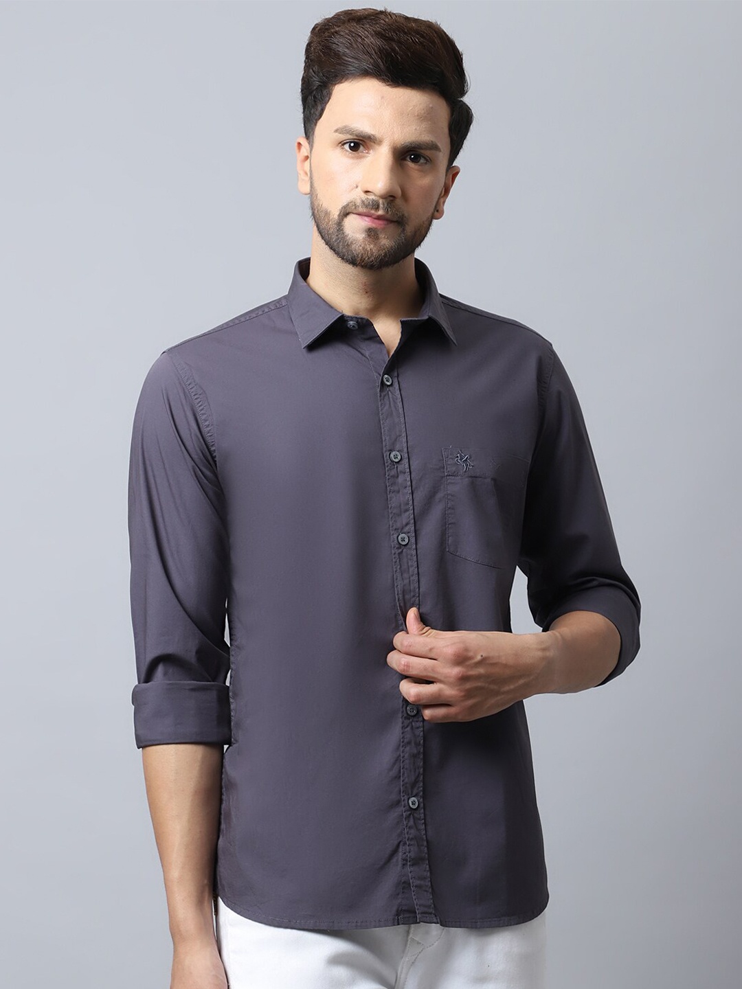 

Cantabil Men Grey Solid Cotton Casual Shirt