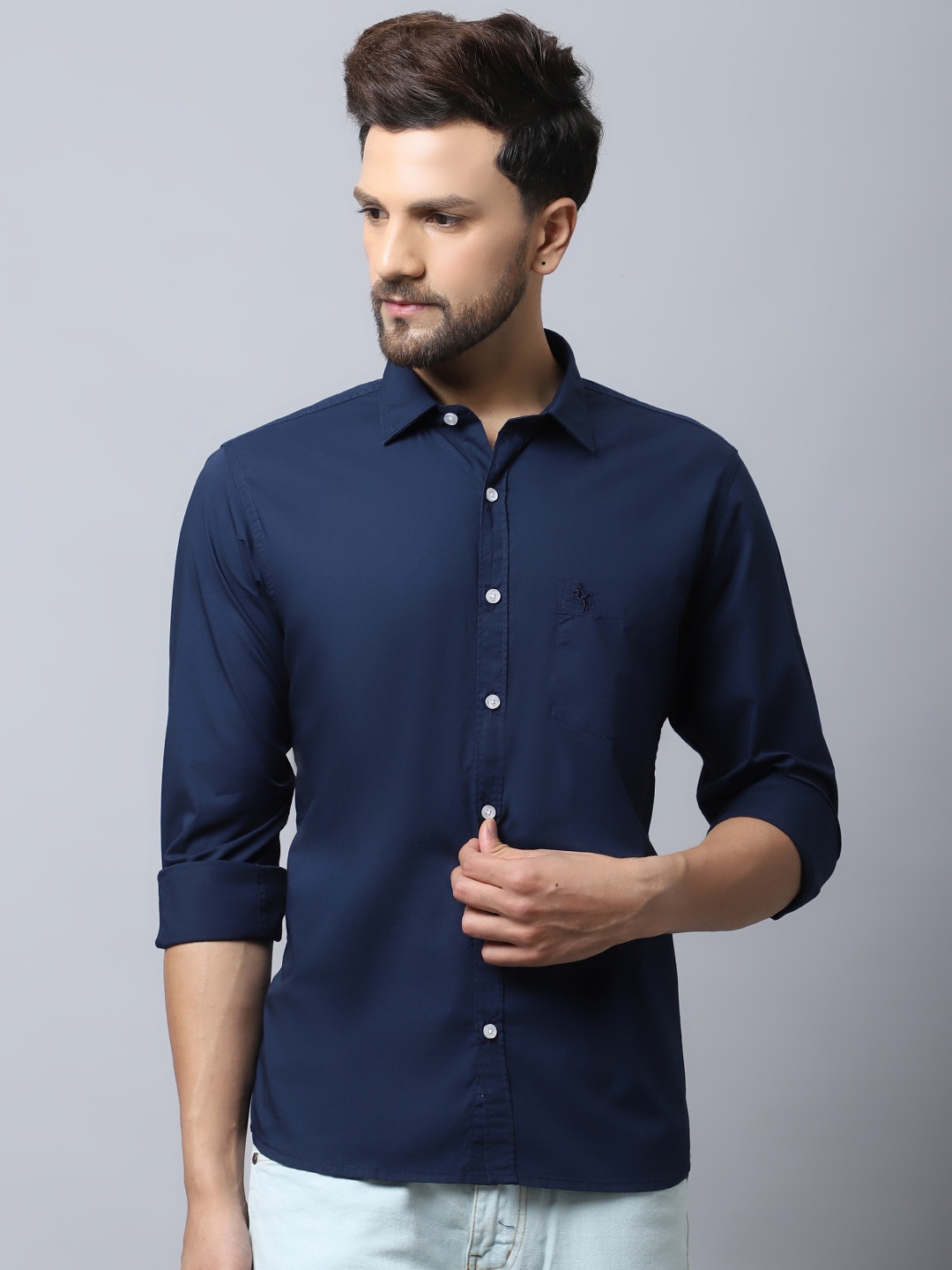 

Cantabil Men Navy Blue Solid Casual Shirt