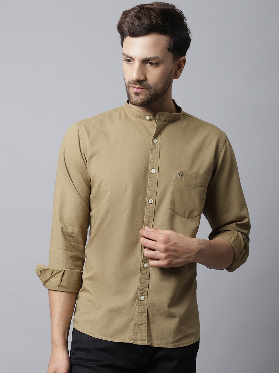 

Cantabil Men Khaki Solid Cotton Casual Shirt