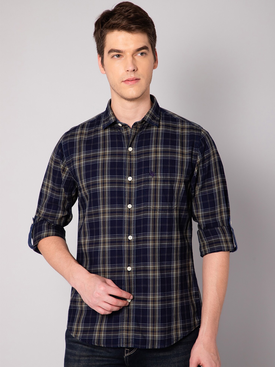 

Cantabil Men Green Cotton Tartan Checks Checked Casual Shirt