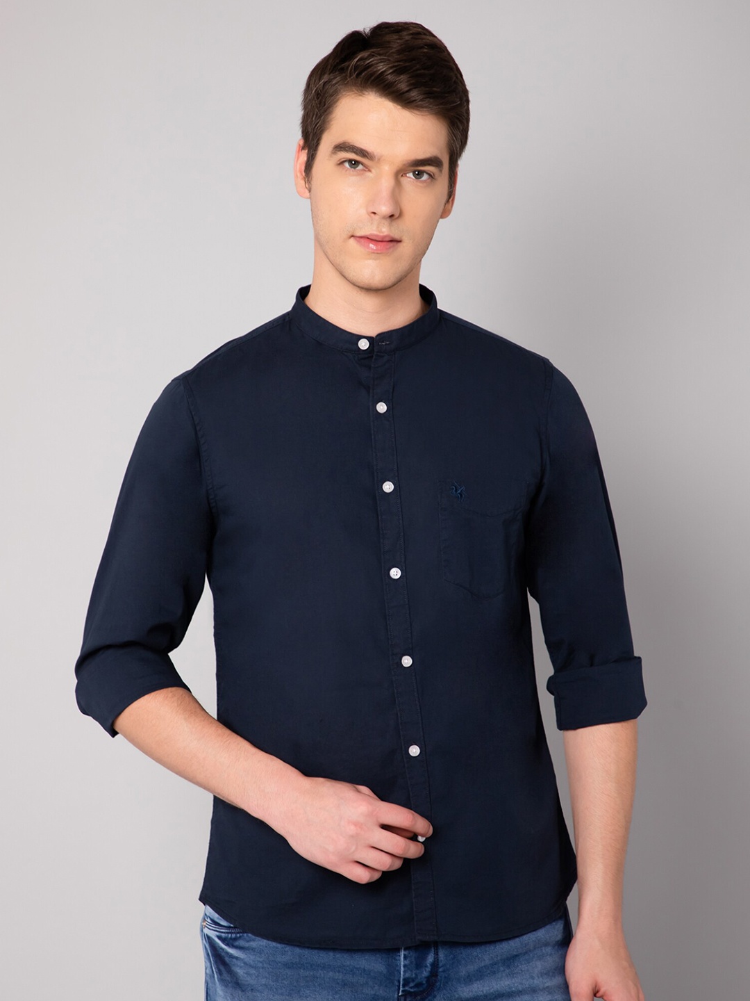 

Cantabil Men Navy Blue Band Collar Casual Shirt