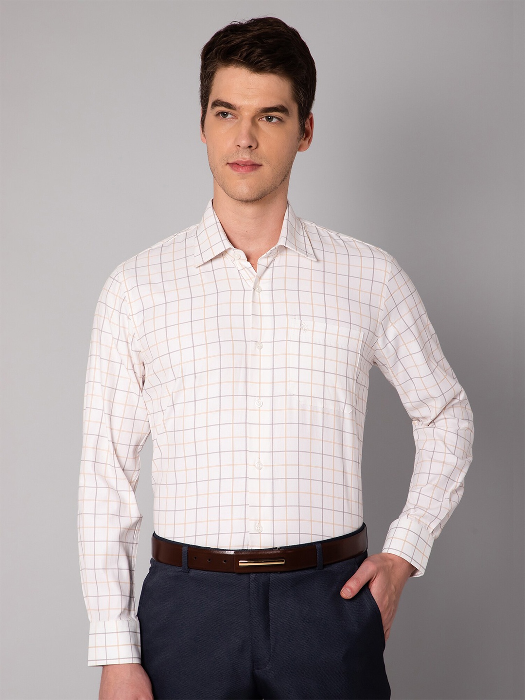 

Cantabil Men Mustard & White Tartan Checks Checked Formal Shirt