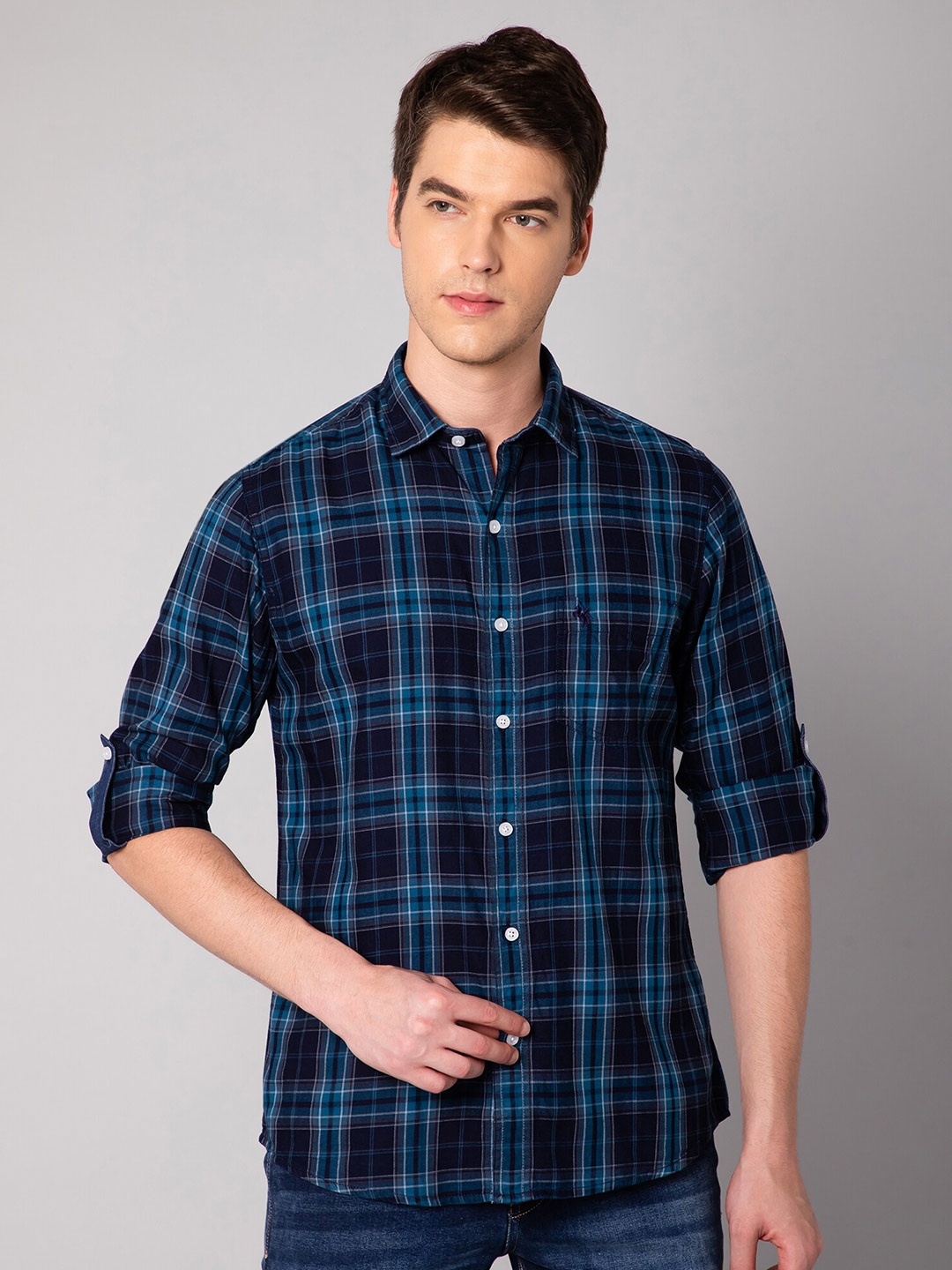 

Cantabil Men Navy Blue Tartan Checks Cotton Casual Shirt