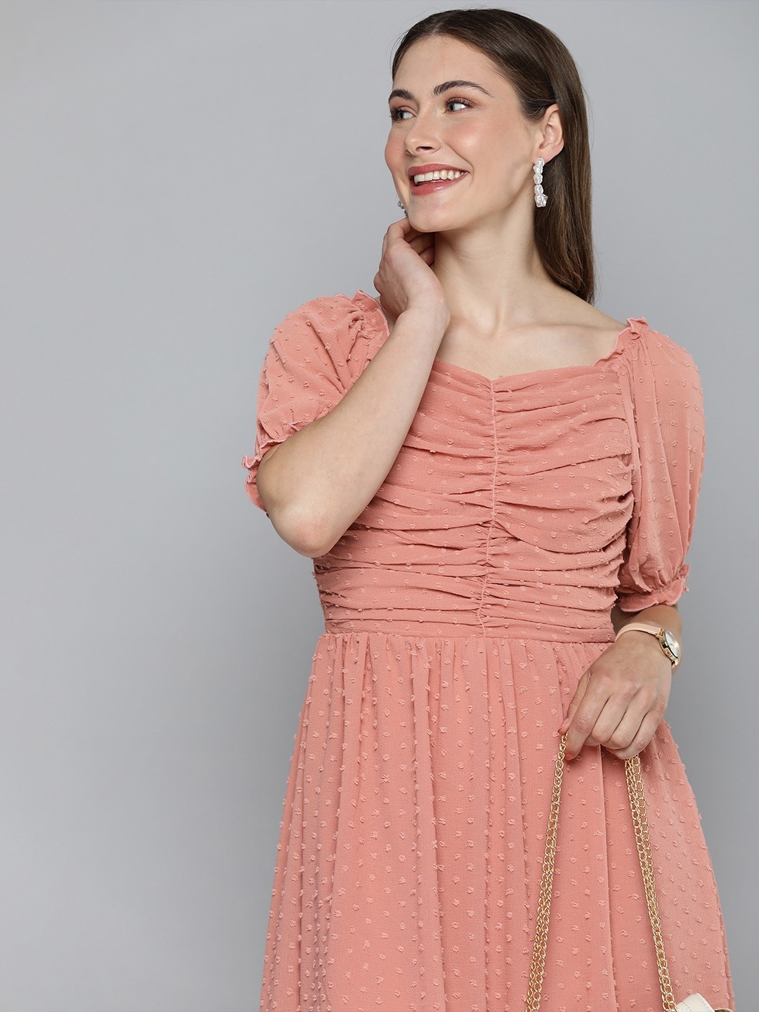 

HERE&NOW Puff Sleeve Dobby A-Line Dress With Ruched Detail, Rose