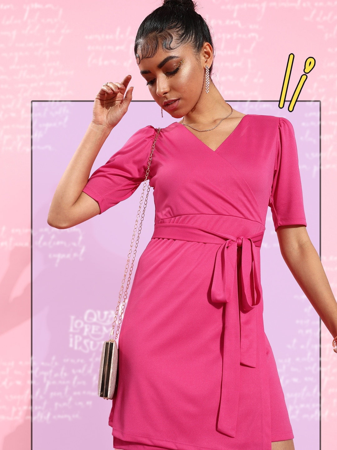 

HERE&NOW Solid V-Neck Wrap Dress With Tie-ups Detail, Fuchsia