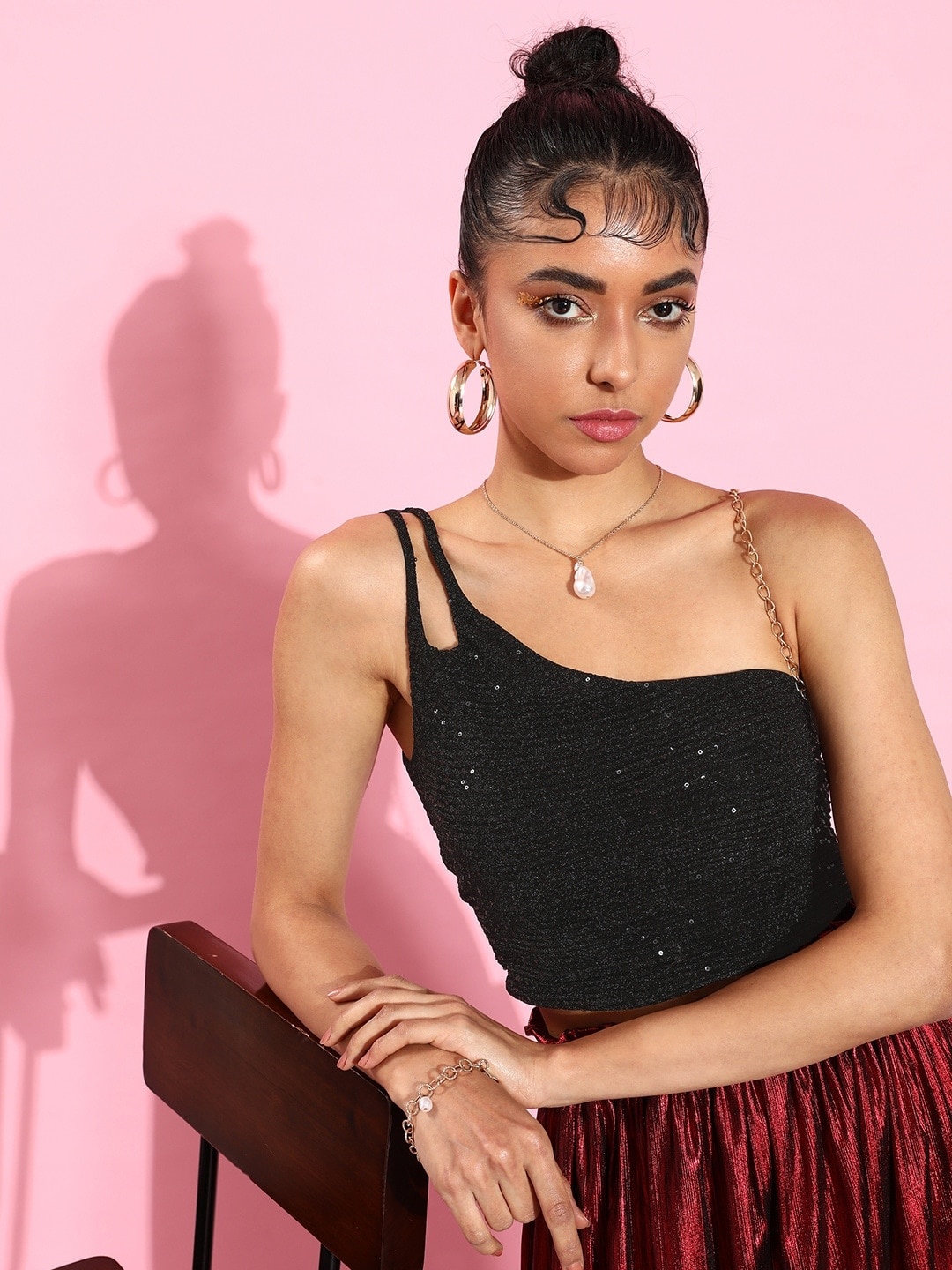 

Moda Rapido Shiny Black Embellished One Shoulder Pret A Party All That Glitters Crop Top