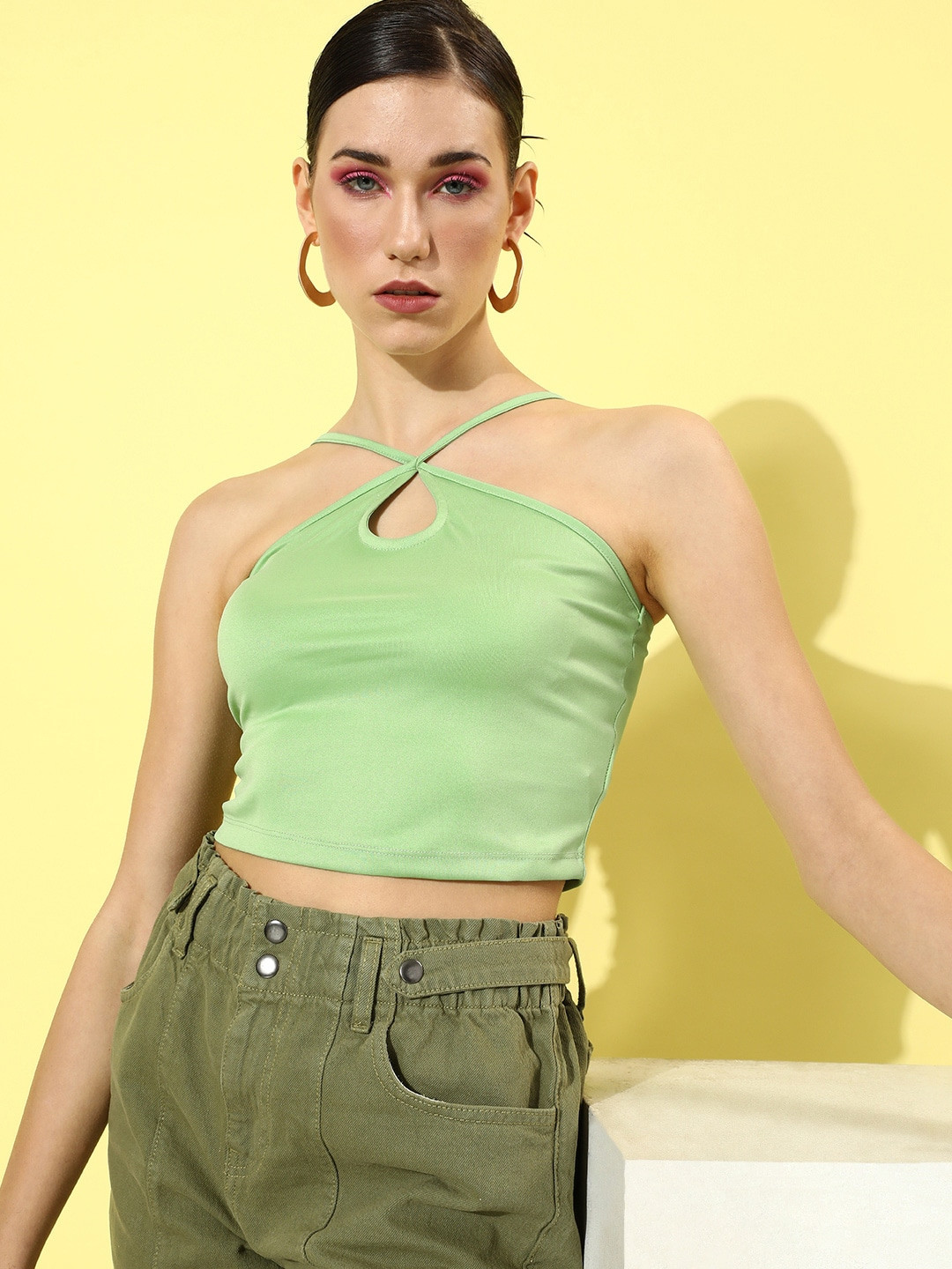 

Moda Rapido Mint Green Solid Cut-Out Detail Emo 2.0 Strings Attached Crop Top