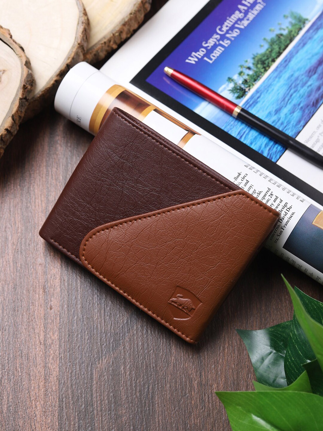 

SAMTROH Men Brown & Tan Colourblocked PU Two Fold Wallet