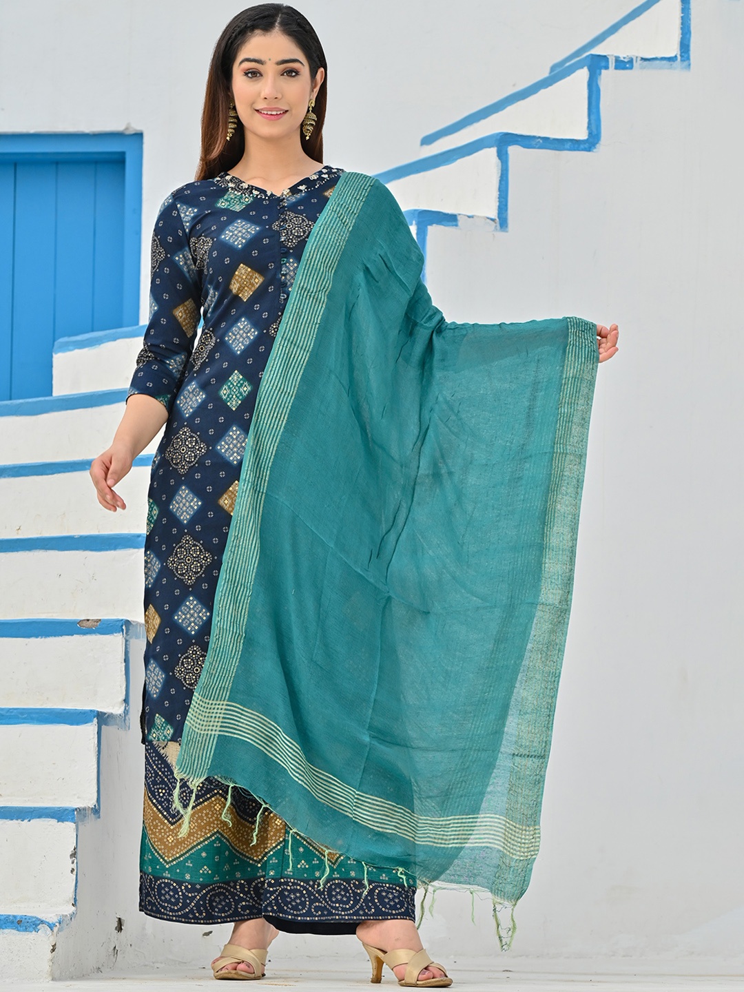 

RangDeep Women Navy Blue Bandhani Printed Kurta with Palazzos & With Dupatta